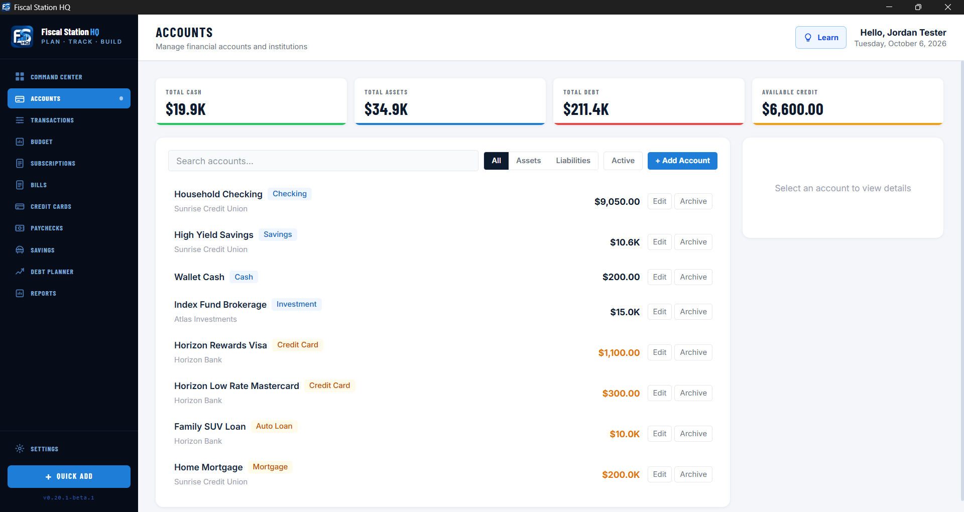 Fiscal Station HQ Accounts page