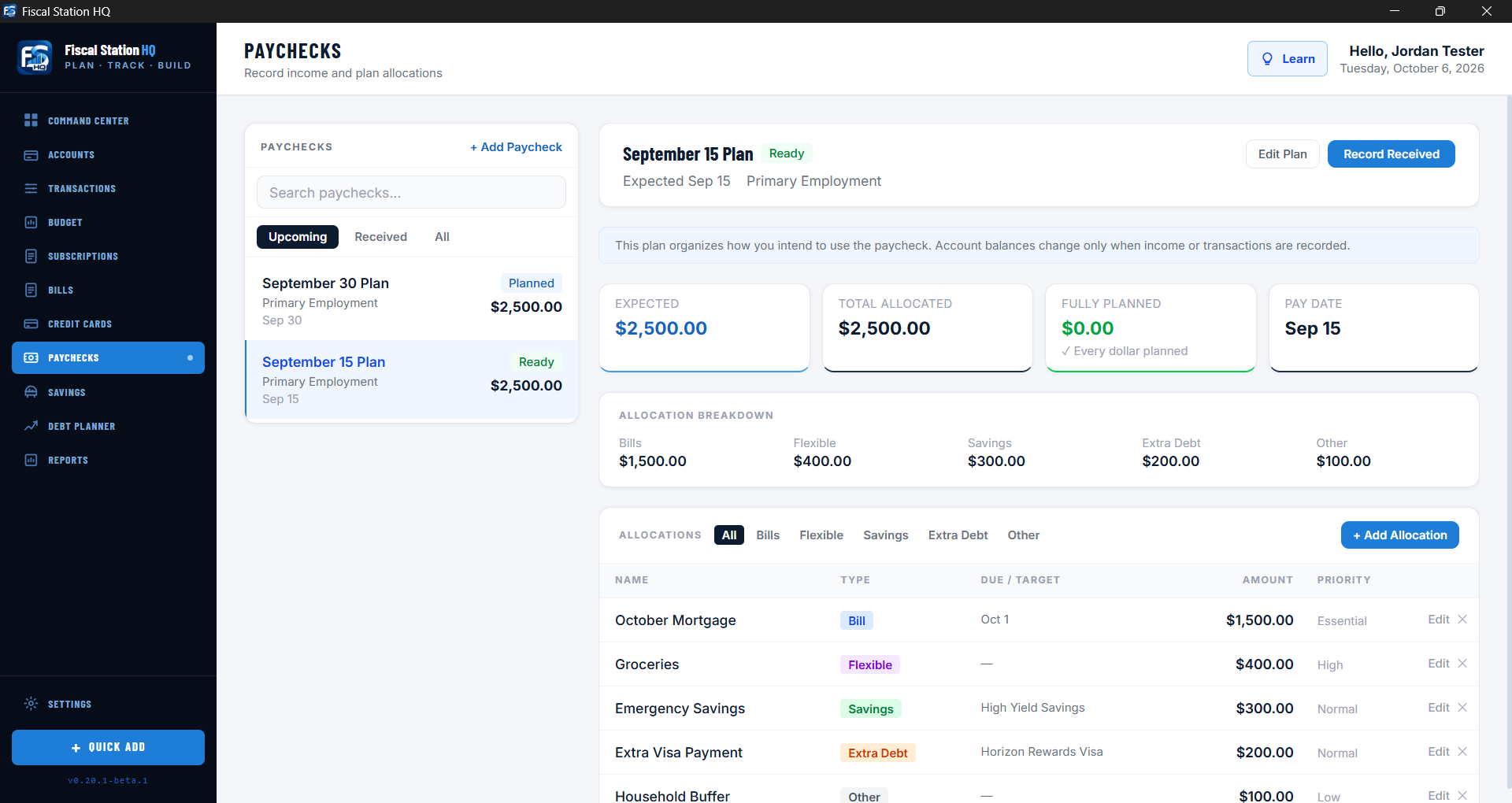 Fiscal Station HQ Paycheck Planner